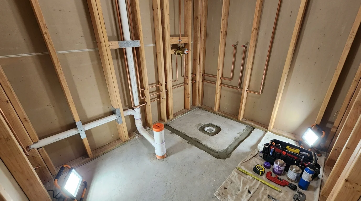 Bathroom rough-in plumbing during remodel by Johns Plumbing LLC in Dover Plains