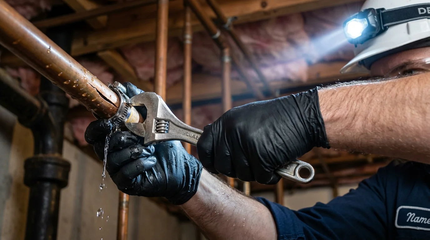Emergency pipe clamp repair being performed by a Johns Plumbing LLC plumber in Dover Plains