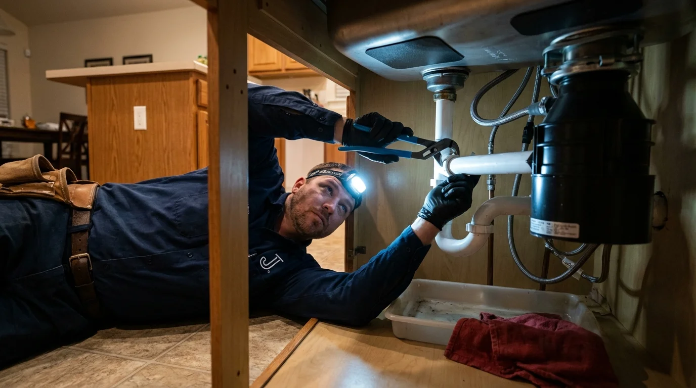P-trap and supply line connections under a kitchen sink showing a common leak point in Dover Plains, NY